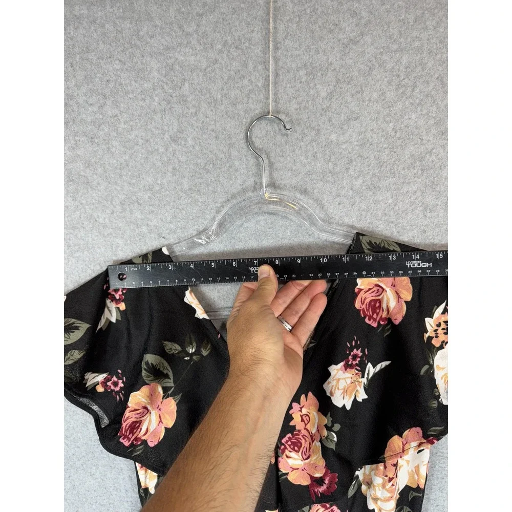 Fantaist Dress Womens Large Black Floral Wrap Short Sleeve Fit Flare Belted Boho
